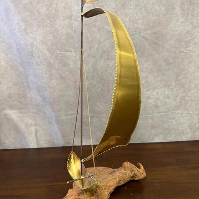 Mid-Century Modern Brass And Driftwood Sailboat Sculpture 