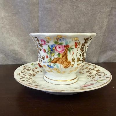 Vintage Hand Painted Gilded Porcelain Tea Cup And Saucer