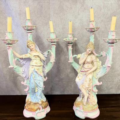 Antique Dresden Style Hand-painted Porcelain Candelabras
