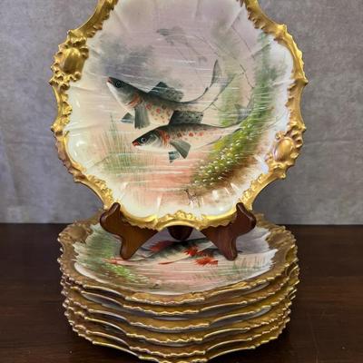 Antique Signed Limoge Fish Plate Set 