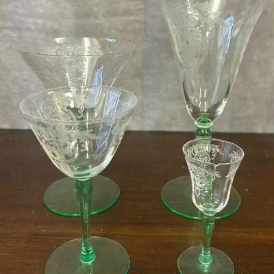 Vintage Uranium Glass Etched 4 Piece Stemware Set