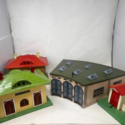 Metal train buildings, some prewar, Lionel and Marklin, Rail Crossing Building and More