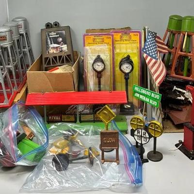Miscellaneous Metal, Plastic, and Wooden Model Train Set Decorations - Water Towers, Street Clocks, 