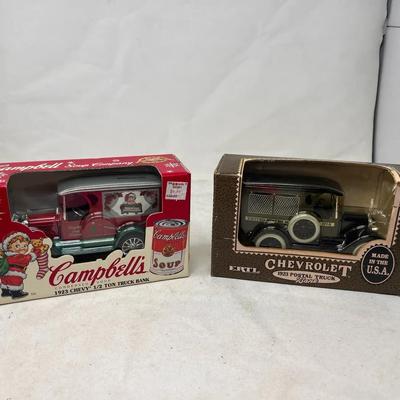 Two die cast vehicle banks ERTL, Campbell’s Soup 1923 Chevy Truck And 1923 Chevy Postal Truck