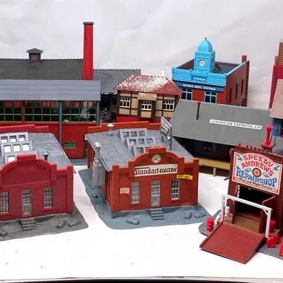 Collection of Plastic Train Model Buildings includes Repair Shop, Brewery, Signal Tower and more