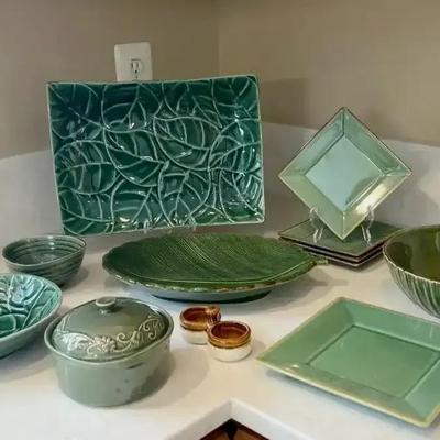 Collection Of Green And Brown Dishes And Serving Pieces