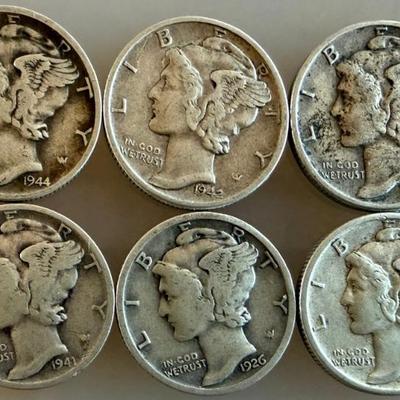 (6) Silver Mercury Dime Coins - 1926 - (2) 1944 (1) S - 1941 - 1942 - 1943D