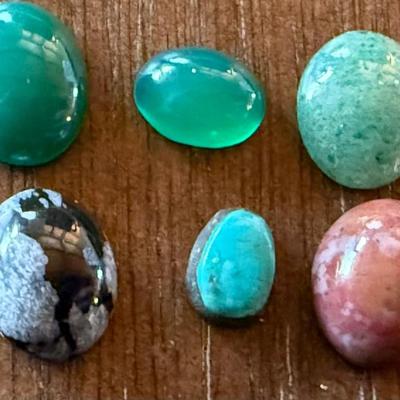 (6) Assorted Stone Loose Cabochons - Turquoise - Jasper - Snowflake Obsidian - Green Stones