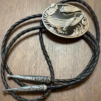 1996 Siskiyou Pewter Eagle Bolo Tie With Black Woven Leather Strap And Pewter Tips - 40 Inches Long