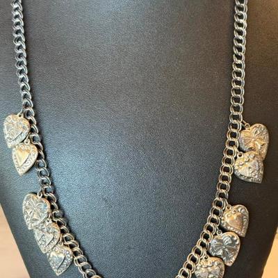 Sterling Silver Victorian Repousse Puff Heart 24" Necklace - Total Weight 50.7 Grams