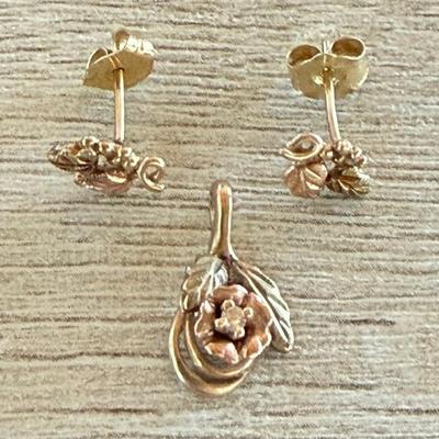 Black Hills 10K Gold Rose Pendant With Small Diamond And Pair Of 10K Gold Black Hills Leaf Earrings