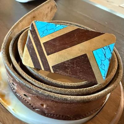 Vintage Brass S.S.T. Turquoise & Wood Belt Buckle W 38 Inch Hand Tooled Leather Belt From Buckles Of Estes
