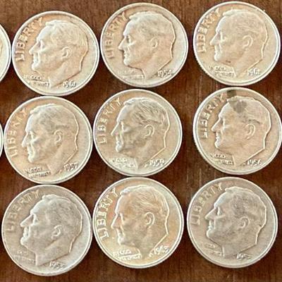(15) Roosevelt Silver Dime Coins 1950s To Early 1960s