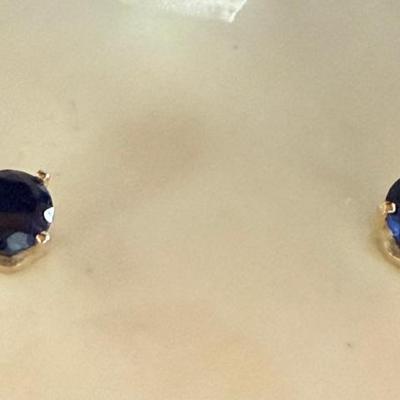 10K Gold & Blue Sapphire Faceted Post Earrings In Original Box