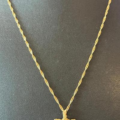 14K Gold Twist 18 Inch Long Necklace With Tri Color 14K Gold Cross Pendant - Total Weight 3.84 Grams