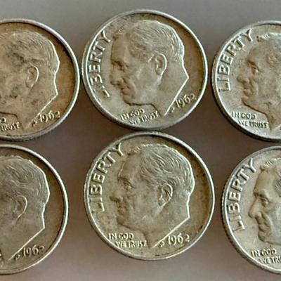 (5) 1962D Roosevelt Silver Dime Coins (1) 1963