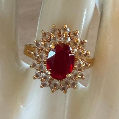 Vintage Gold Plate Ring With Clear Stones And Red Center Stone - Size 6
