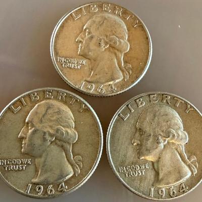 (3) 1964 Washington Silver Quarter Coins (2) D