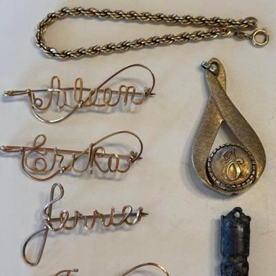 Lot Of Vintage Jewelry - Enamel And Brass Bracelet (as Is), Gold Plate Chain, (4) Name Pins, Pendant Watch