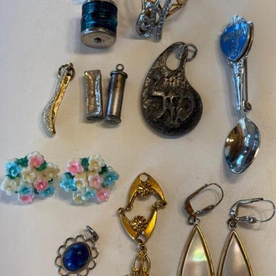 Assorted Vintage Jewelry - 1971 Spoon Pin, An A Ring Size 11, Earrings, Pendants, And More