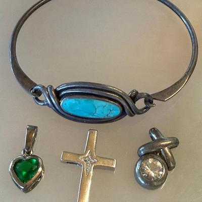 Silver And Turquoise Bracelet, (3) Sterling Silver Pendants