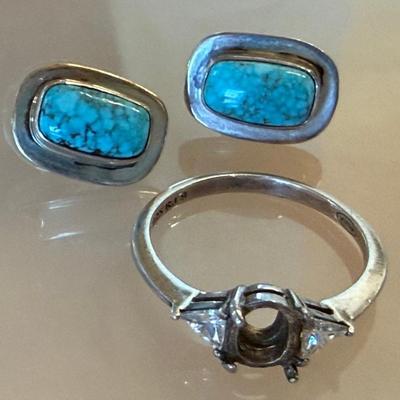 Pair Of Signed E Piaso Sterling And Turquoise Earrings And A Sterling Silver Ring Set (no Stone) Size 9