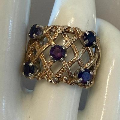 Vintage Custom Designed 14K Gold And Amethyst 5 Stone Ring - Size 6.5 - Total Weight 7.83 Grams