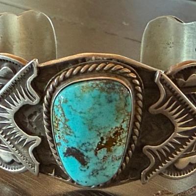 Gorgeous Freddie Maloney Navajo Heavy Stamped Sterling Silver & Turquoise Cuff Bracelet - 69.03 Grams
