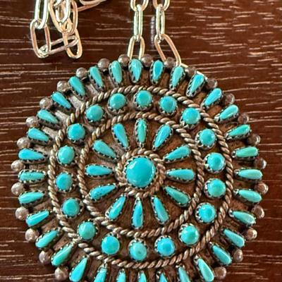 Norman Jr. & Virginia Hooee Zuni Fine Petite Point Pendant Pin Signed W Silver Chain - 10.58 Grams