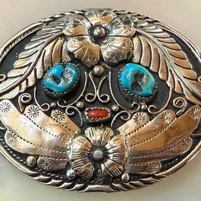 Vintage 1988 S.S.T. Hand Crafted USA Turquoise & Coral Silver Tone Belt Buckle