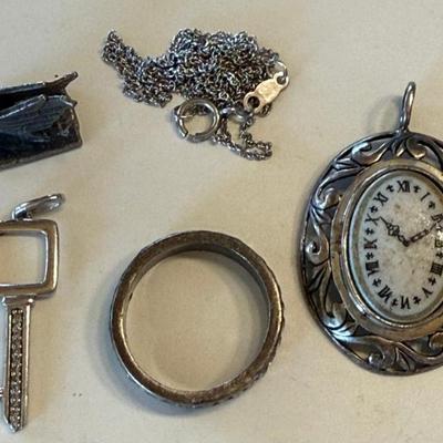Vintage Sterling Silver Faux Watch Pendant, Ring, Key Charm, Thunder Bird, And 18" Necklace