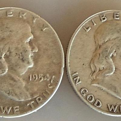(2) Benjamin Franklin Silver Half Dollar Coins - 1950 & 1954