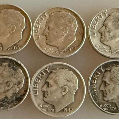 (6) Silver Roosevelt Dime Coins - (2) 1957 (1) D - 1956D -1959D -1954D - 1947