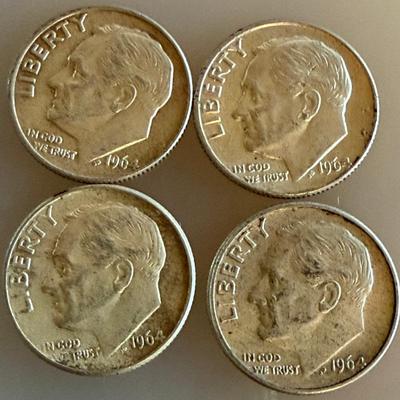 (4) 1964 Roosevelt Silver Dime Coins (2) D