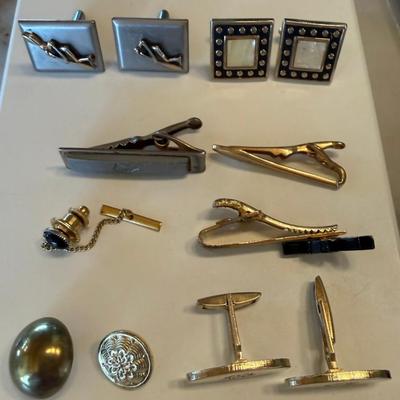 (2) Pairs Of Swank Cuff Links, Tie Tack, Crest Craft Tie Tack, Buttons, And More