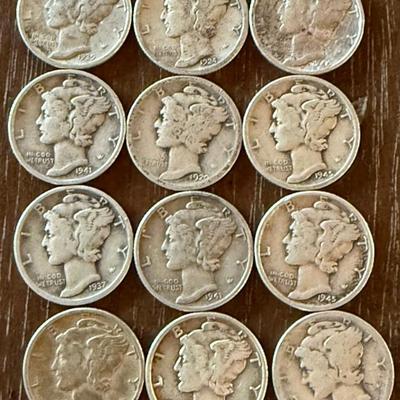 (12) Mercury Silver Dime Coins 1920 - 40s
