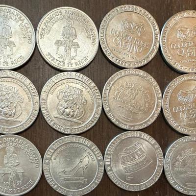 (12) Assorted Casino 1 Dollar Silver Coins - Baby Does - Silver Slipper - Bonanza - Annie Oakley