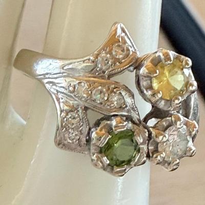 Vintage 14K White Gold - Diamond - Peridot - Citrine Ring Size 5 - Total Weight 3.78 Grams