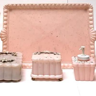 Vintage Menda Pink Vanity Set with Jeweled Floral Embellishments