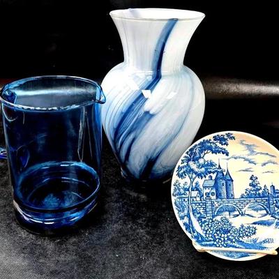"Norleans" Plate, Swirl Art Glass Vase, and a Blue Glass Pitcher