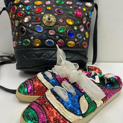 Sequin Rainbow Sneakers and Jewel Bucket Bag