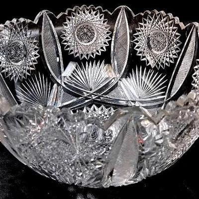 Antique "American Brilliant" Cut Glass Bowl With Starburst and Fan Patterns