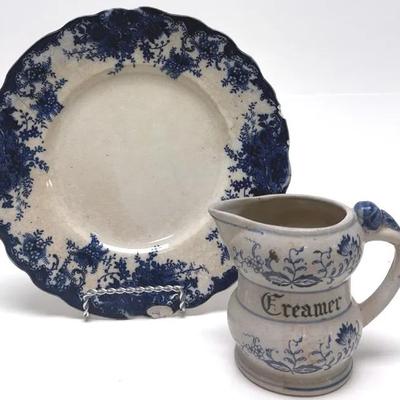 Antique Flow Blue Plate and Blue Onion Creamer 