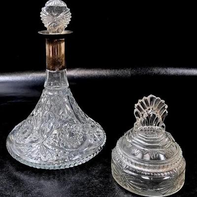 Clear Glass Ship's Decanter and a Clamshell Powder Dish 
