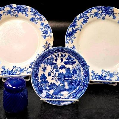 Blue and White Blue Willow Saucer, Earthenware Plates, and Salt Shaker