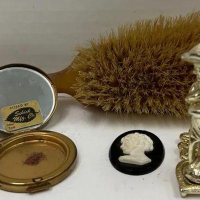 Vintage Vanity Set: "Schick" Compact, Cameo Cabochon, Hairbrush and Polish Stand