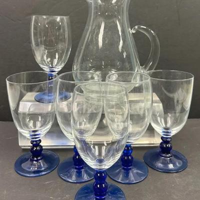 Vintage Cobalt Blue Bases with A Princess House Heritage Glass Pitcher Set