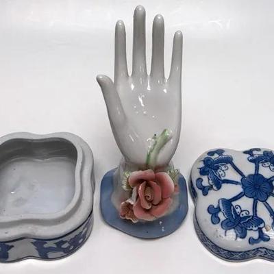 Vintage Hand Ring Holder and Chinese Style Ceramic Box