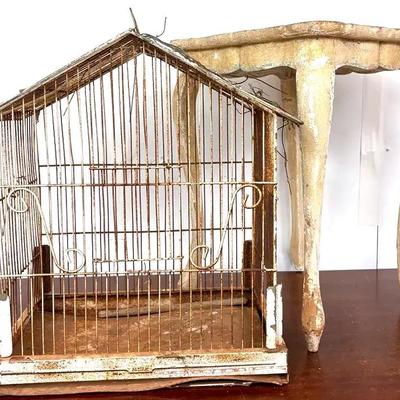 Vintage Distressed Side Table and Bird Cage