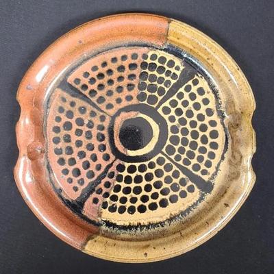 Exotic Earthtone Pottery Piece - Circular Handled Tray With Maker's Mark